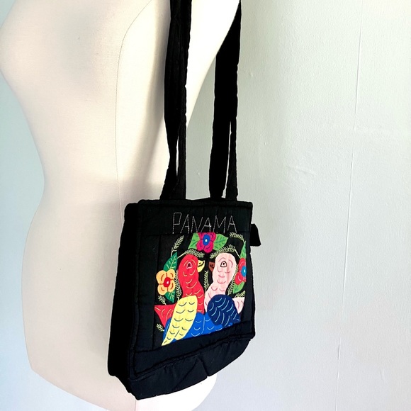 Vintage black mola embroidered souvenir tropical birds Panama purse handbag - Picture 3 of 5
